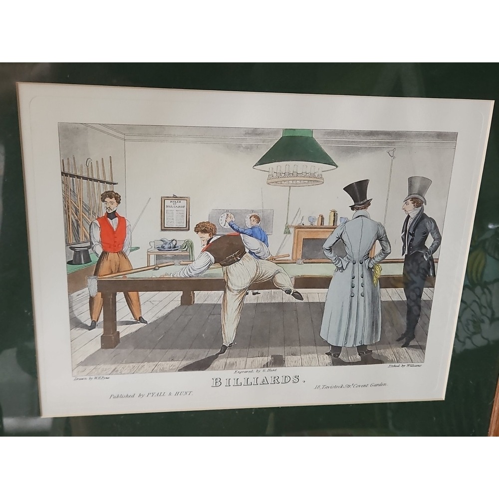 Victorian Billiards Print Etching‎  WH Pyne English Pyall & Hunt Regency-Era 18"